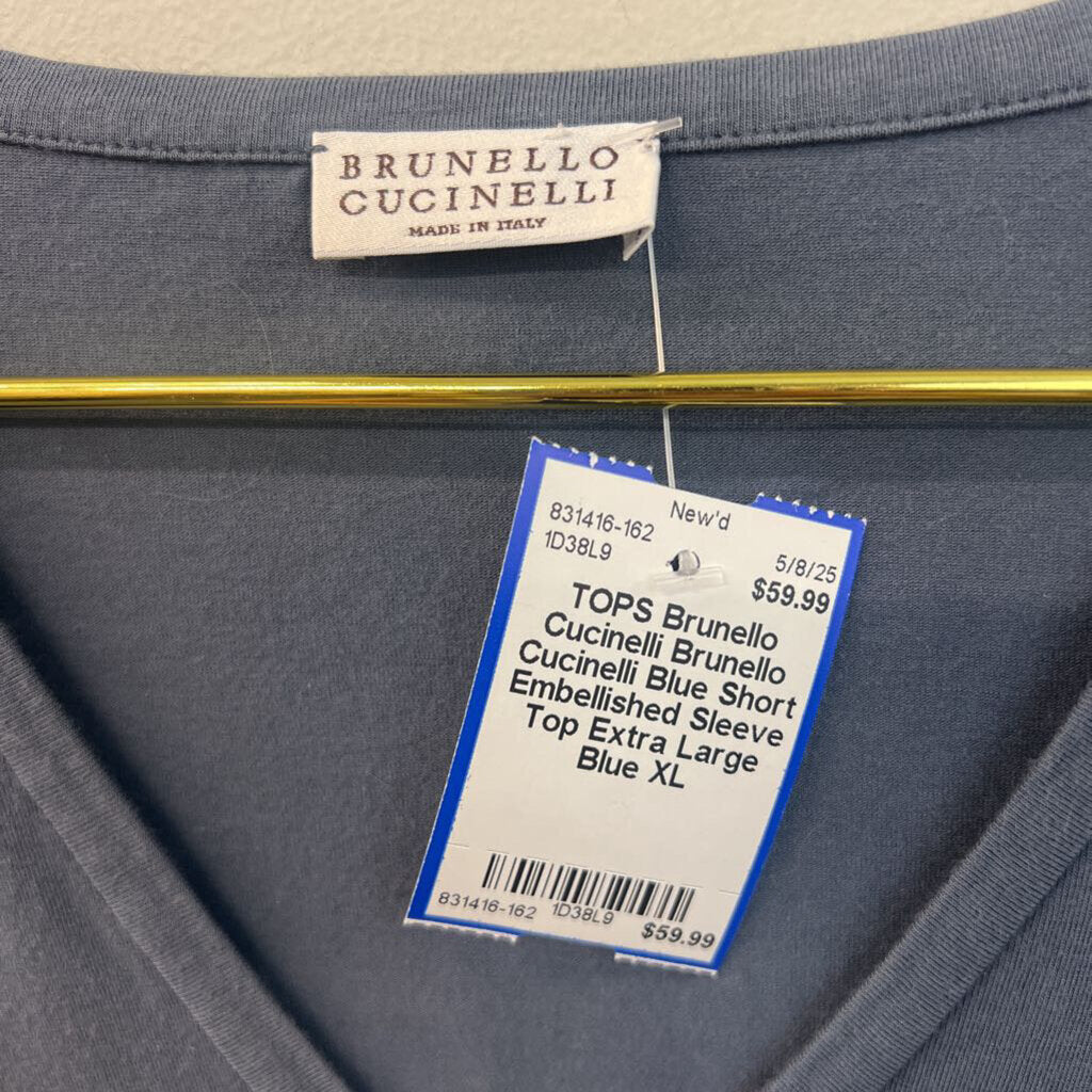 Brunello Cucinelli Blue Short Embellished Sleeve Top Extra Large