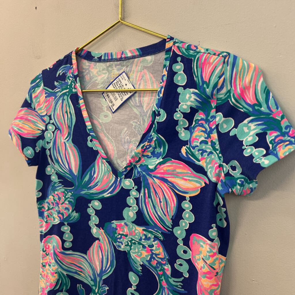 Lilly Pulitzer Blue/ Pink Print Short Sleeve Top Extra Small