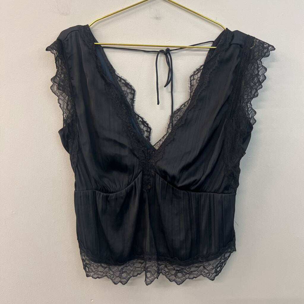 Anthropologie Black Silky Lace Edge Tank Top Medium