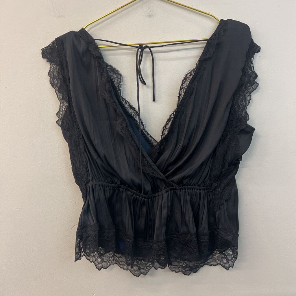 Anthropologie Black Silky Lace Edge Tank Top Medium