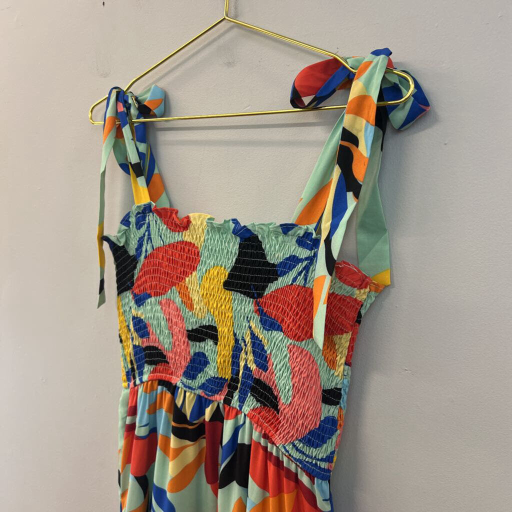 THML Green/ Multi Print Smocked Top Maxi Dress Small