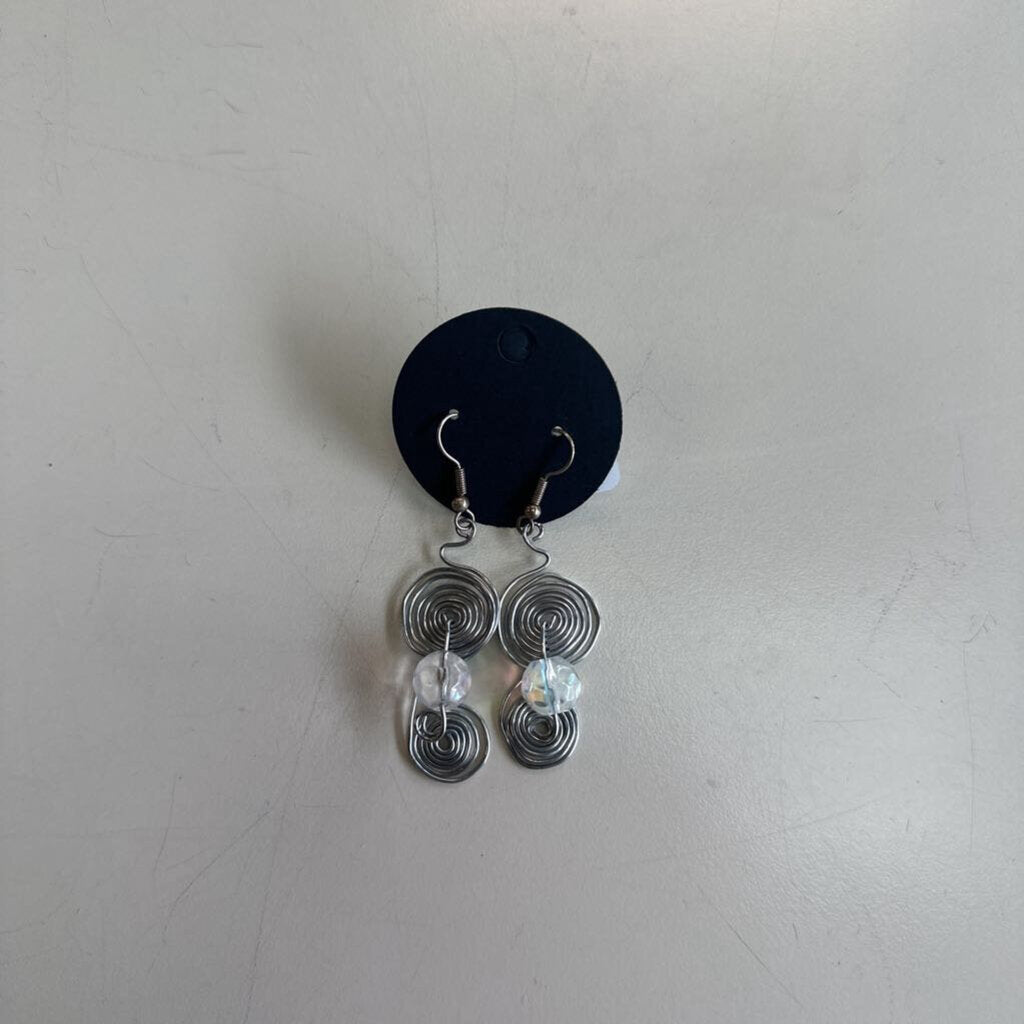 Silver Double Swirl/ Bead Drop Earrings