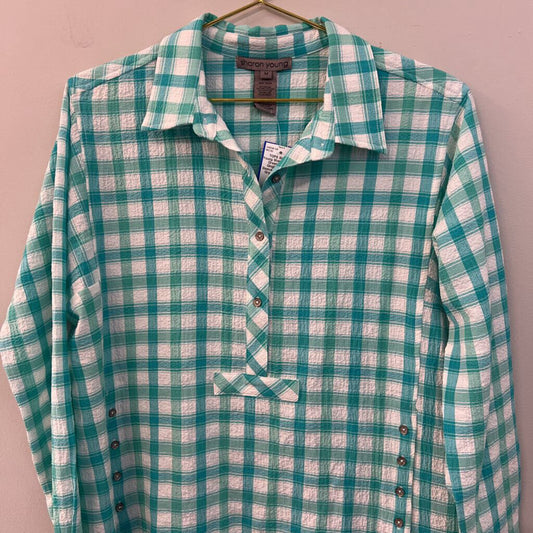Sharon Young Green/ White Gingham Long Sleeve Top Medium