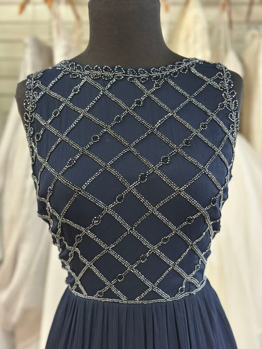 Adrianna Papell Navy Beaded Top Long Formal Dress 14