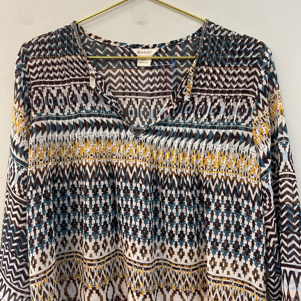 Ariat Cream/ Multi Print Sheer Long Sleeve Top Small