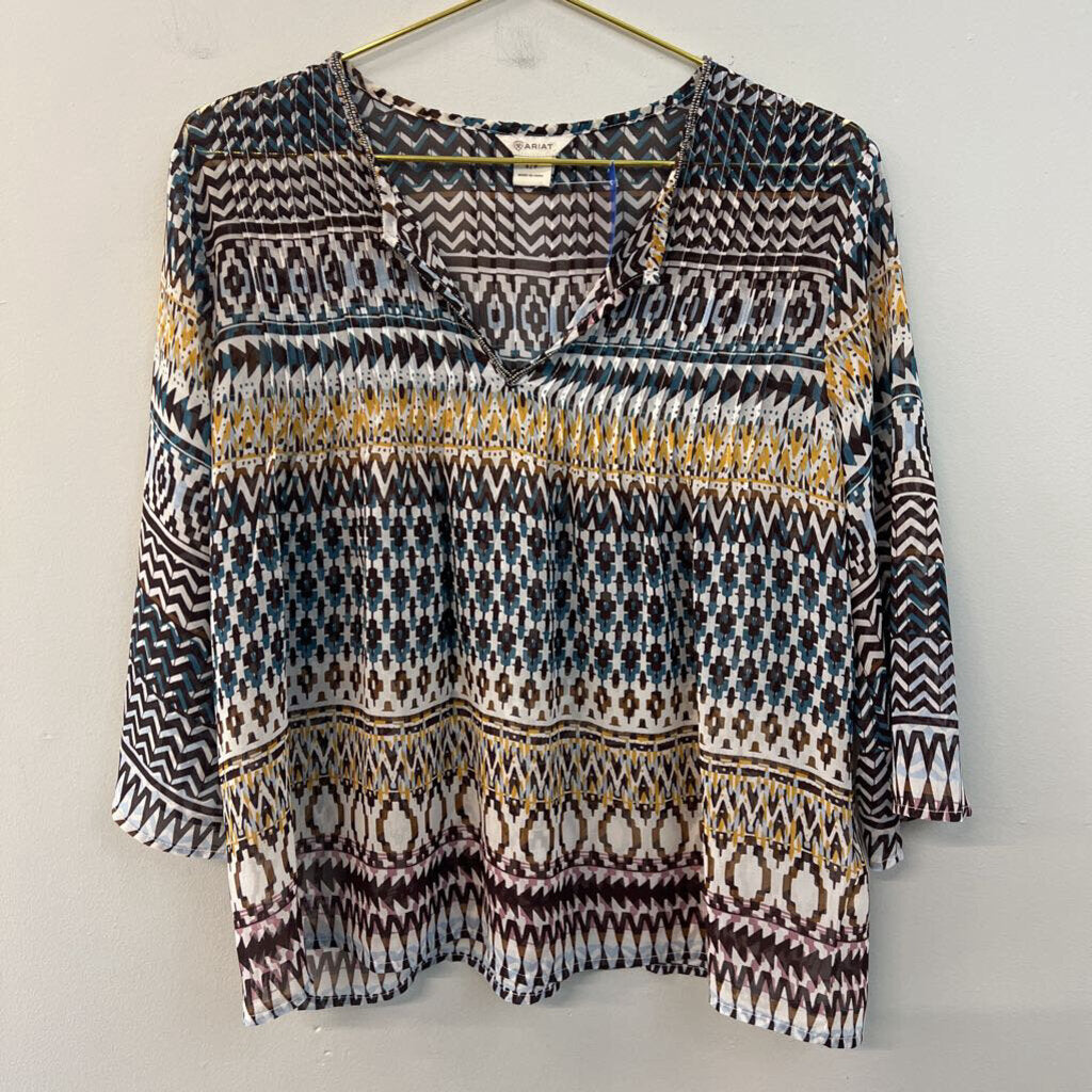 Ariat Cream/ Multi Print Sheer Long Sleeve Top Small