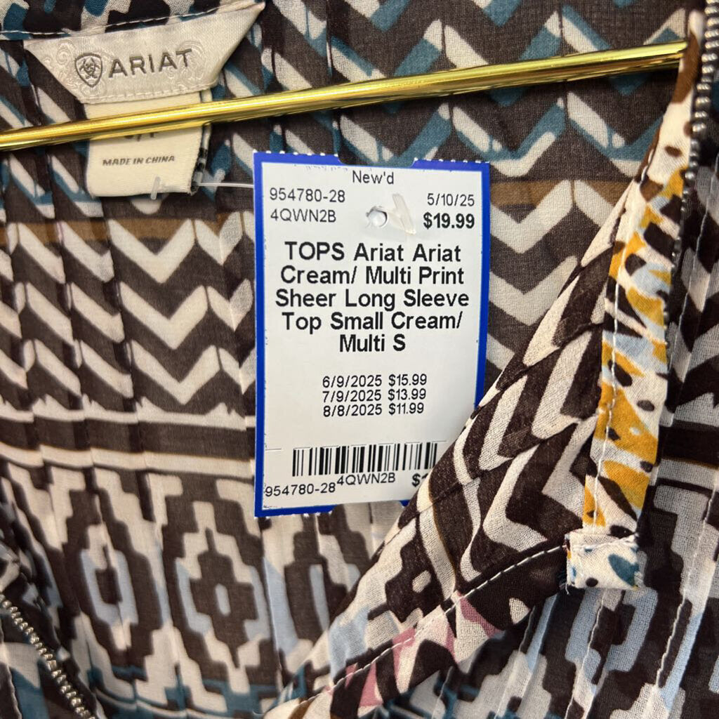 Ariat Cream/ Multi Print Sheer Long Sleeve Top Small