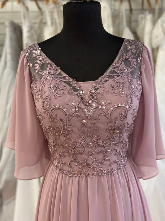 Mori Lee Madeline Gardner Dusty Purple Short Flutter Sleeve Long Formal Dress 14