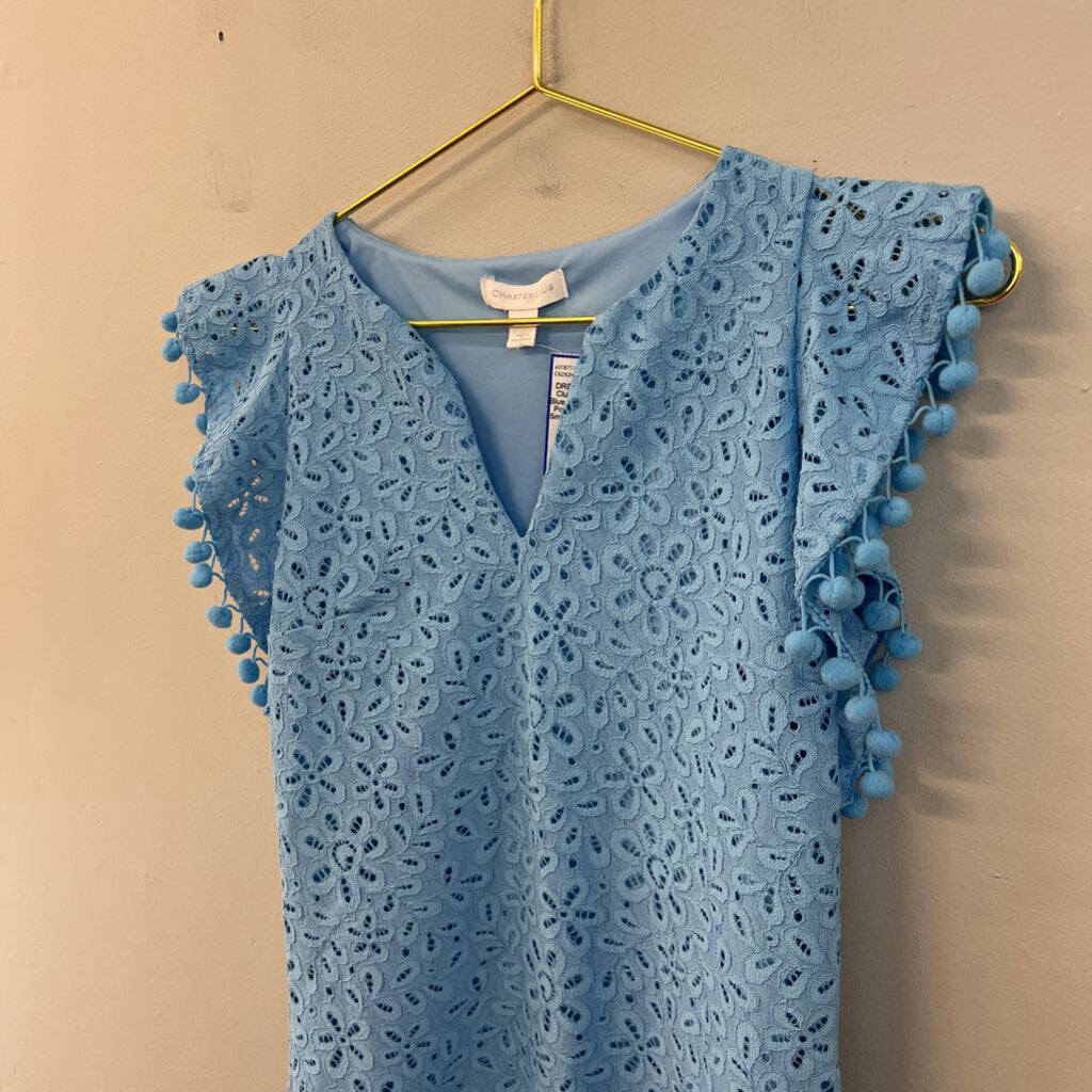 Charter Club Blue Lace Short Pom Pom Sleeve Dress Small Petite