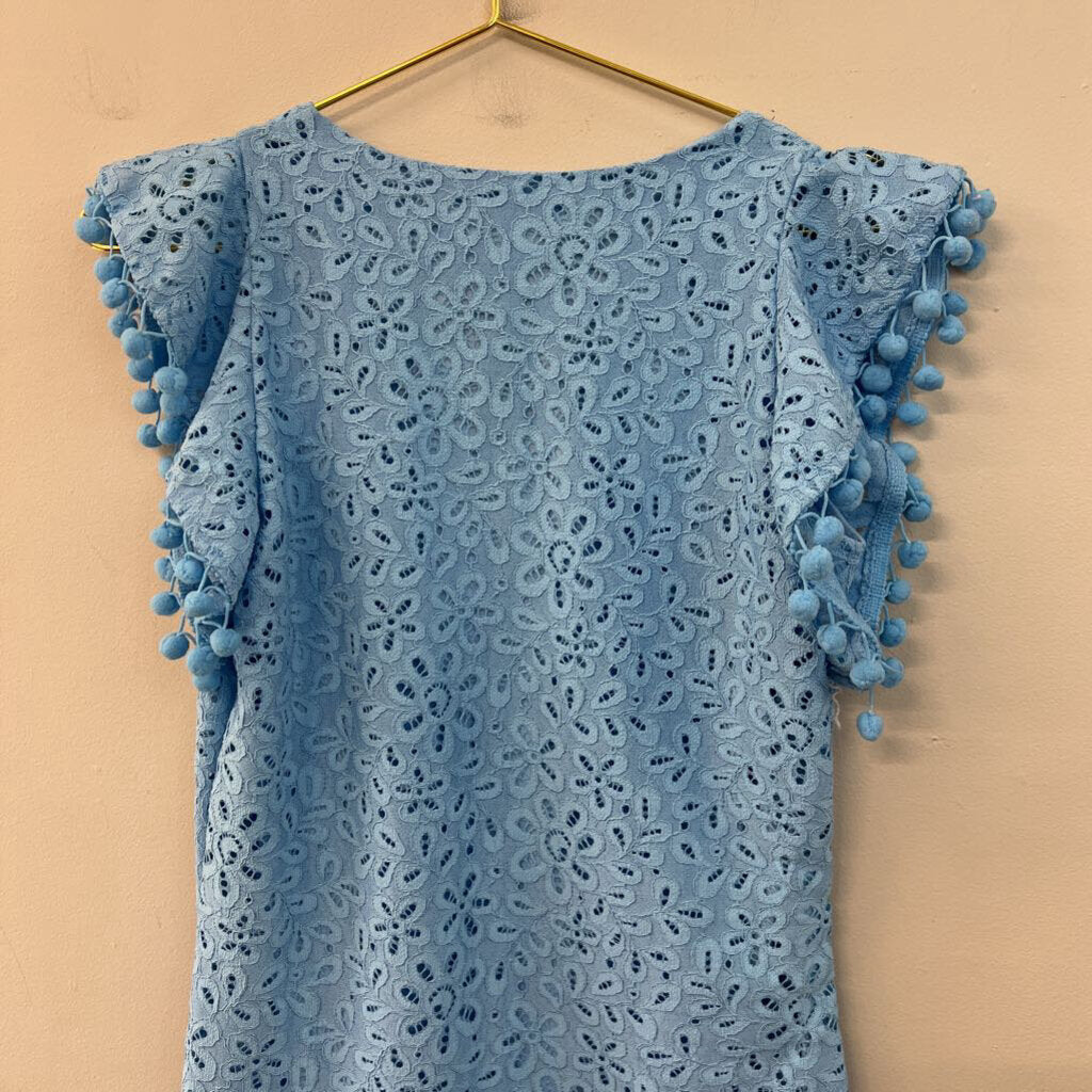 Charter Club Blue Lace Short Pom Pom Sleeve Dress Small Petite