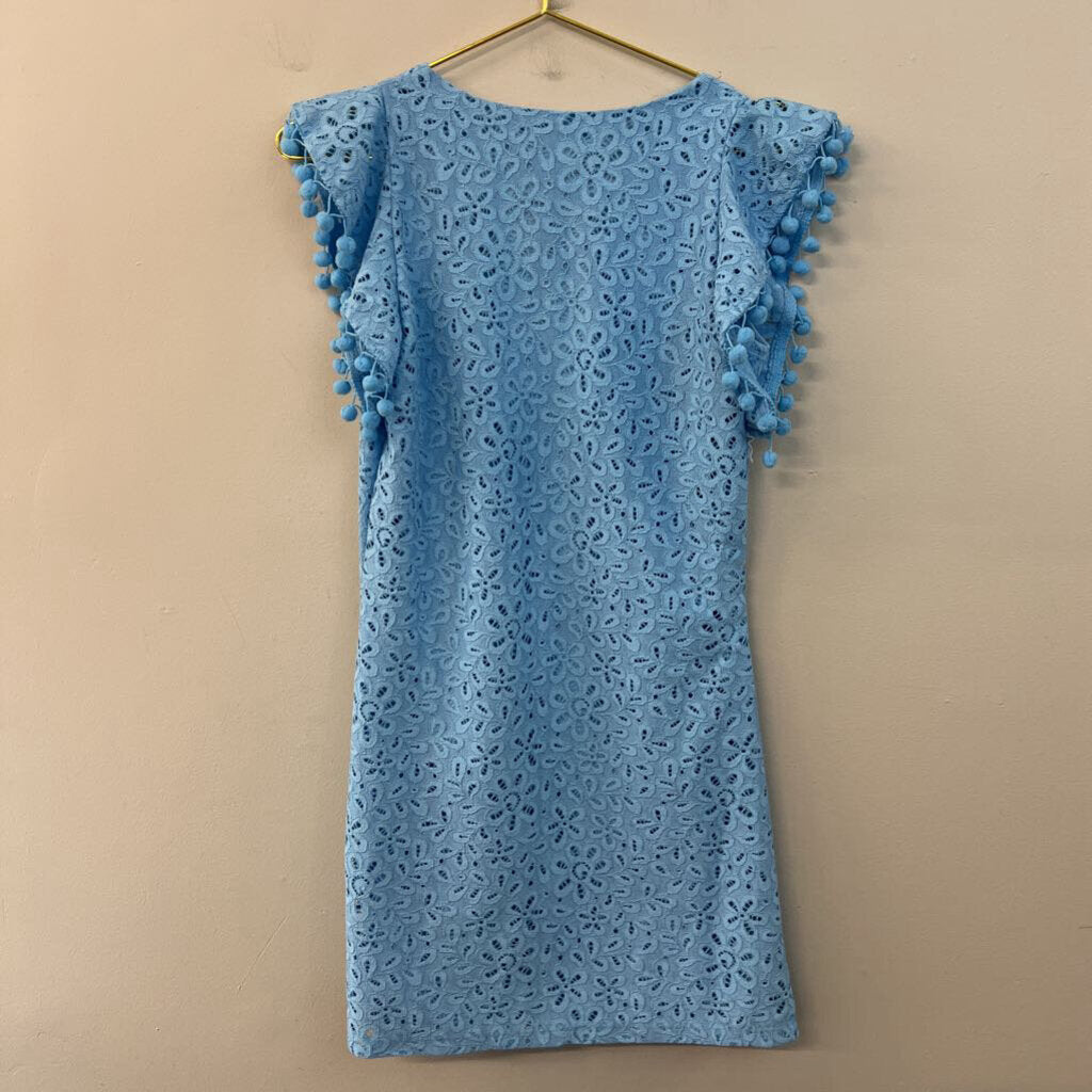 Charter Club Blue Lace Short Pom Pom Sleeve Dress Small Petite