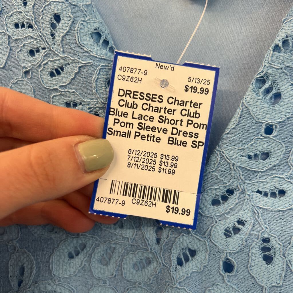 Charter Club Blue Lace Short Pom Pom Sleeve Dress Small Petite