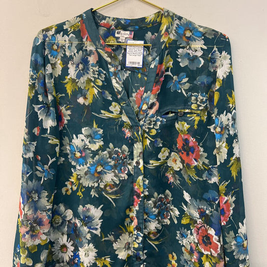 KUT from the Kloth Teal/ Multi Flower Print Long Sleeve Button Down Top Large