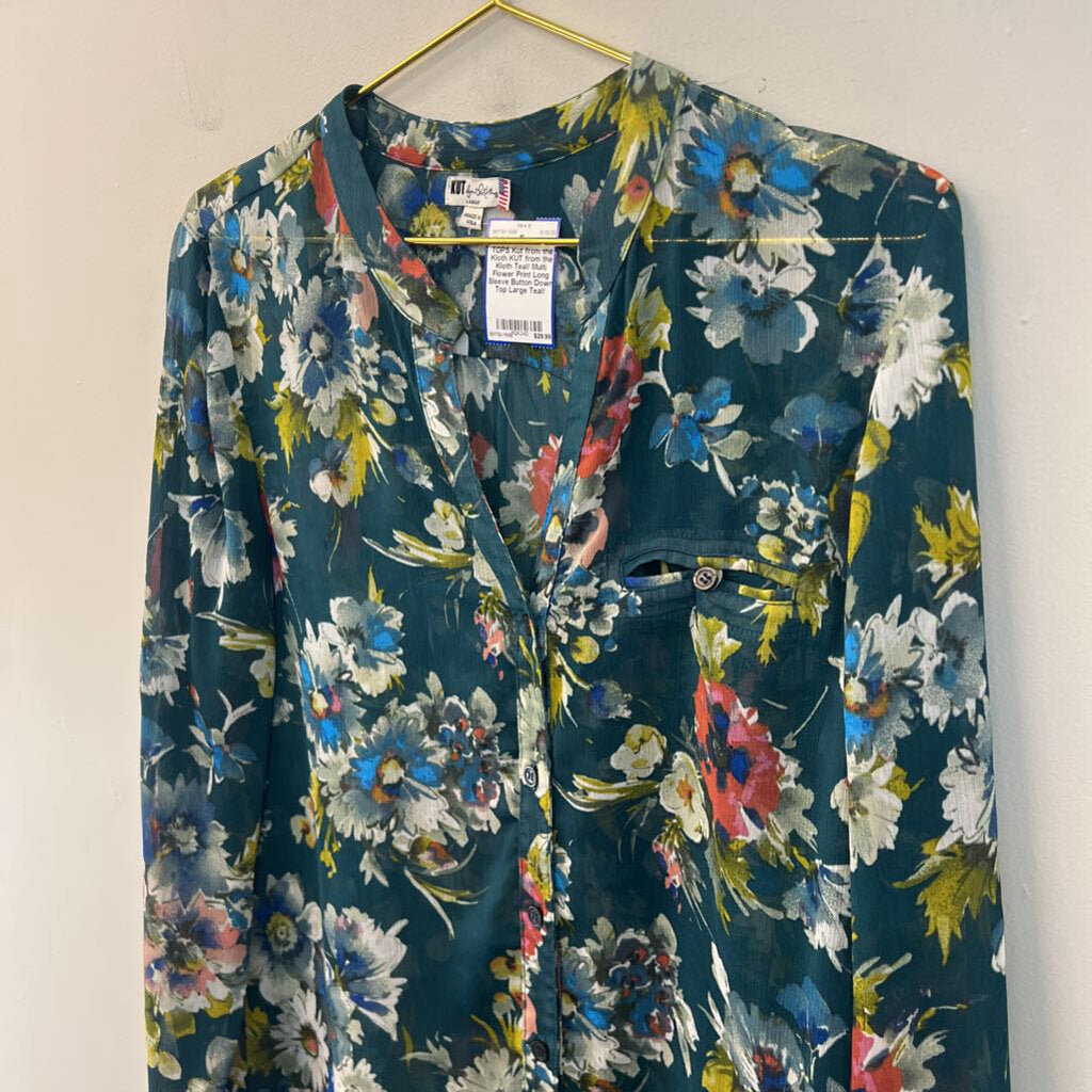 KUT from the Kloth Teal/ Multi Flower Print Long Sleeve Button Down Top Large