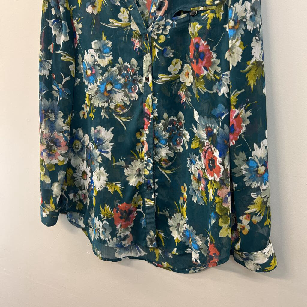 KUT from the Kloth Teal/ Multi Flower Print Long Sleeve Button Down Top Large