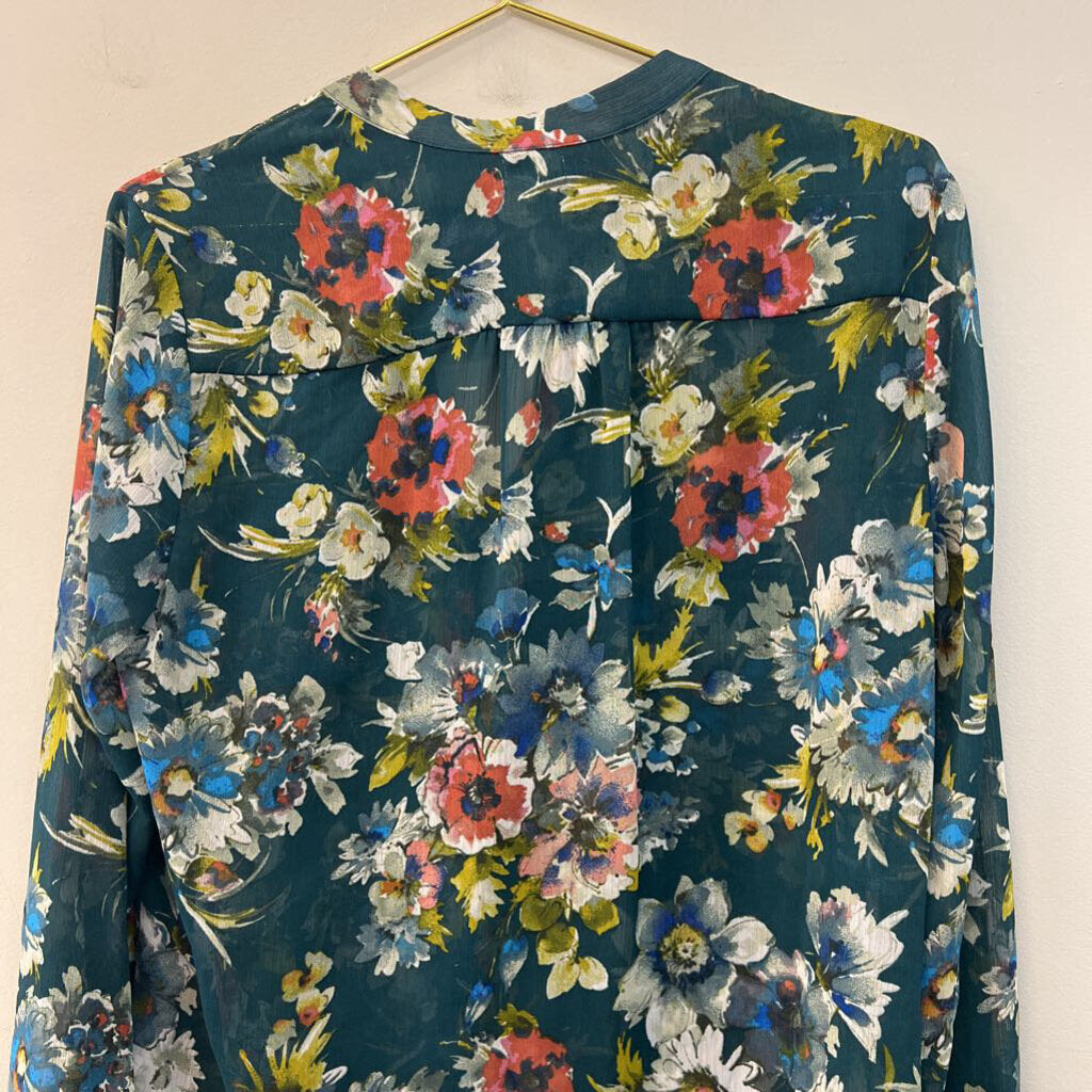 KUT from the Kloth Teal/ Multi Flower Print Long Sleeve Button Down Top Large