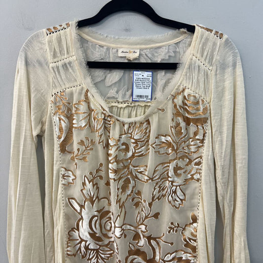 Meadow Rue Cream/ Gold Velvet Flower Print Long Sleeve Top Small