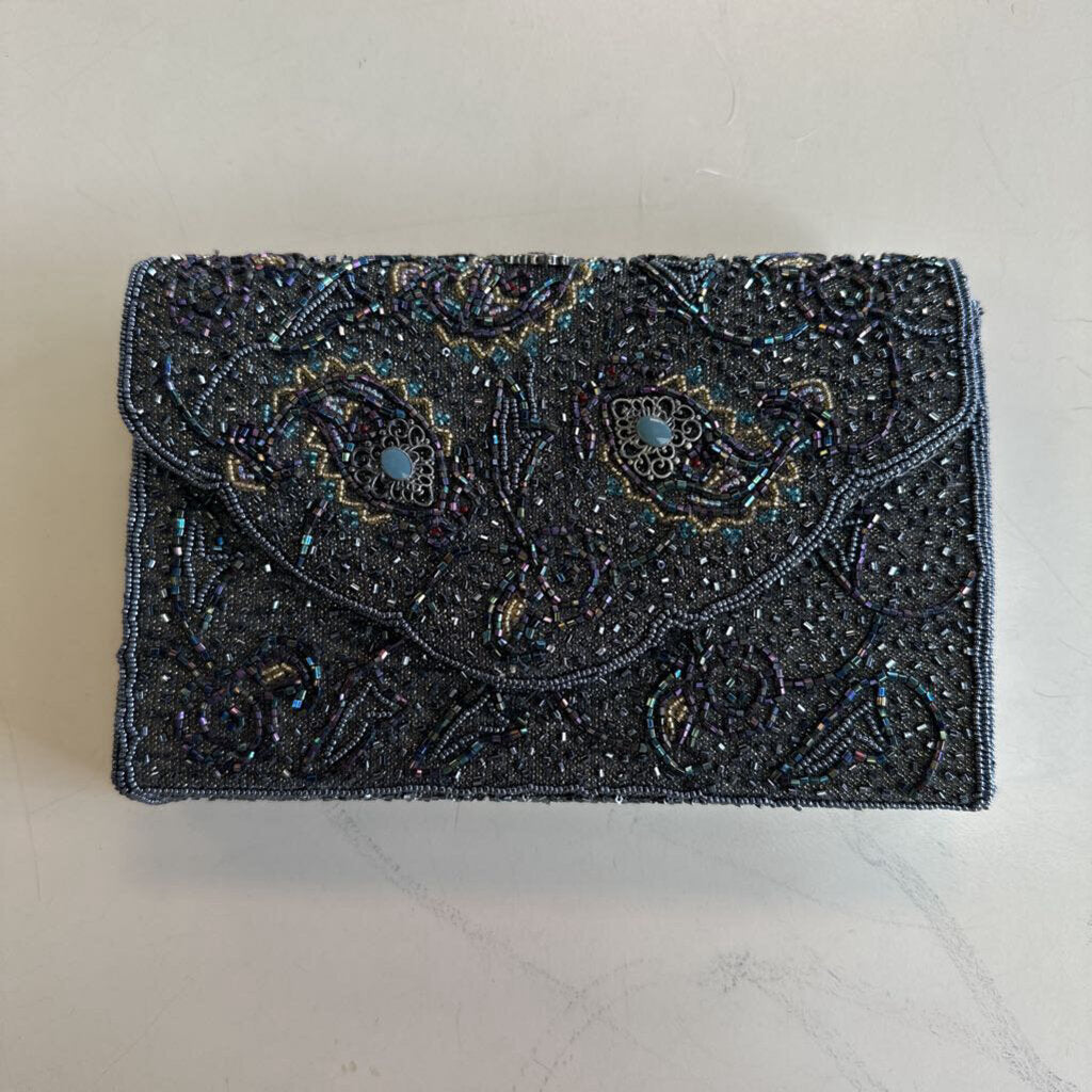 Vintage Carolyne Barton Night Grey Beaded Clutch Purse