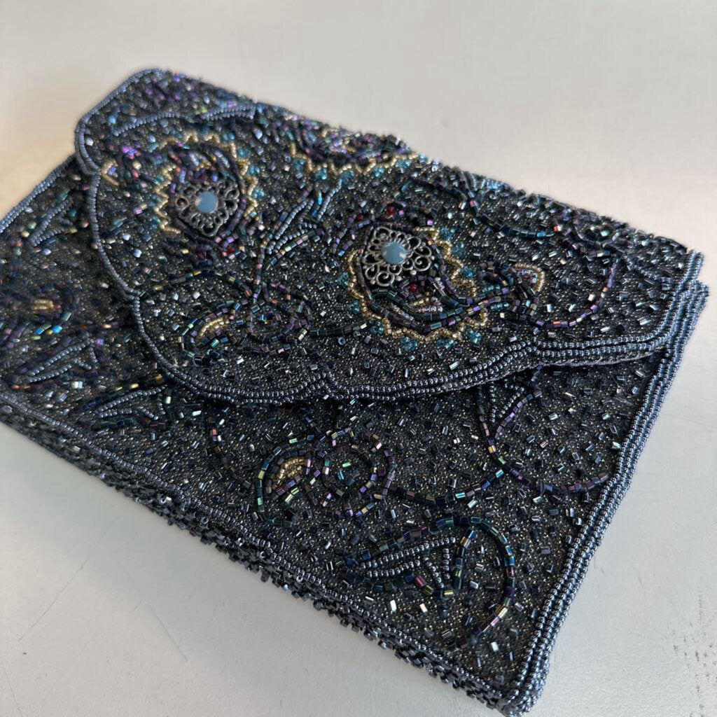 Vintage Carolyne Barton Night Grey Beaded Clutch Purse