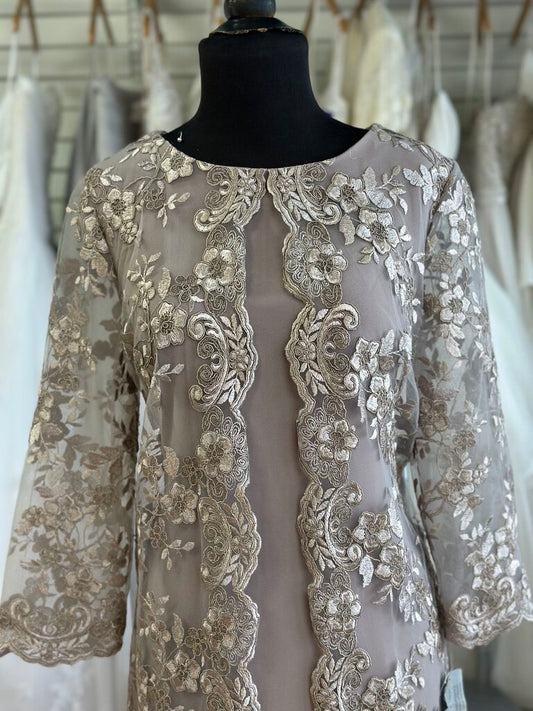Alex Evenings Dusty Gold Lace Long Sleeve Short Formal Dress 6