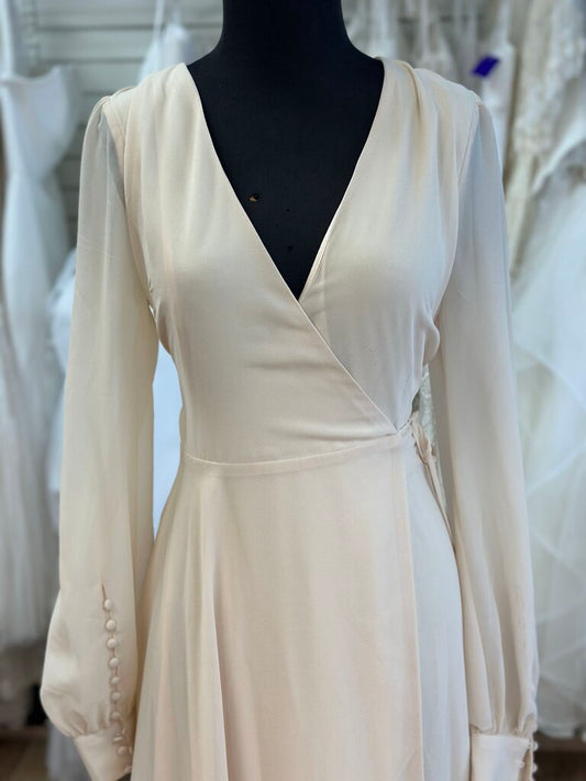 Lulus Peach Beige Long Sleeve V Neck Wrap Long Formal Dress Large