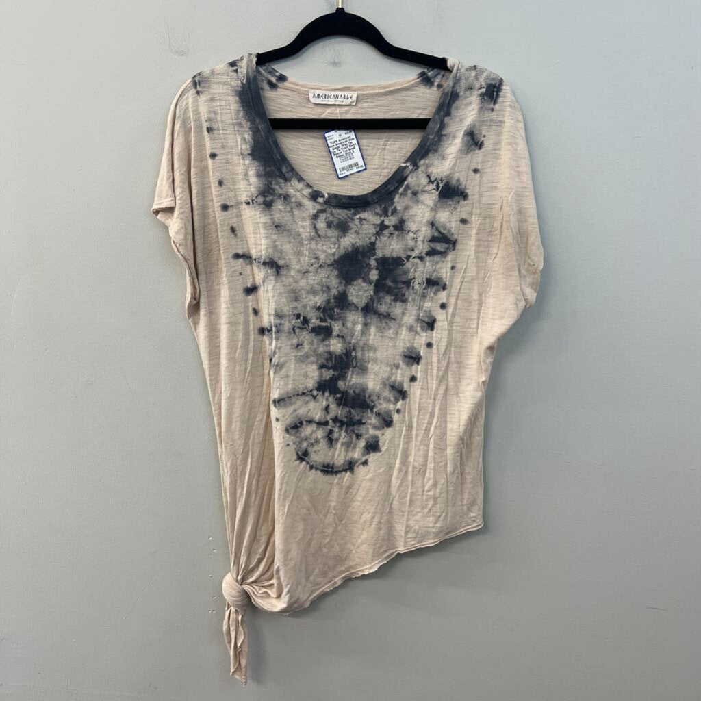 American Able Beige/ Grey Tie Dye Tie Front Short Sleeve Top Small
