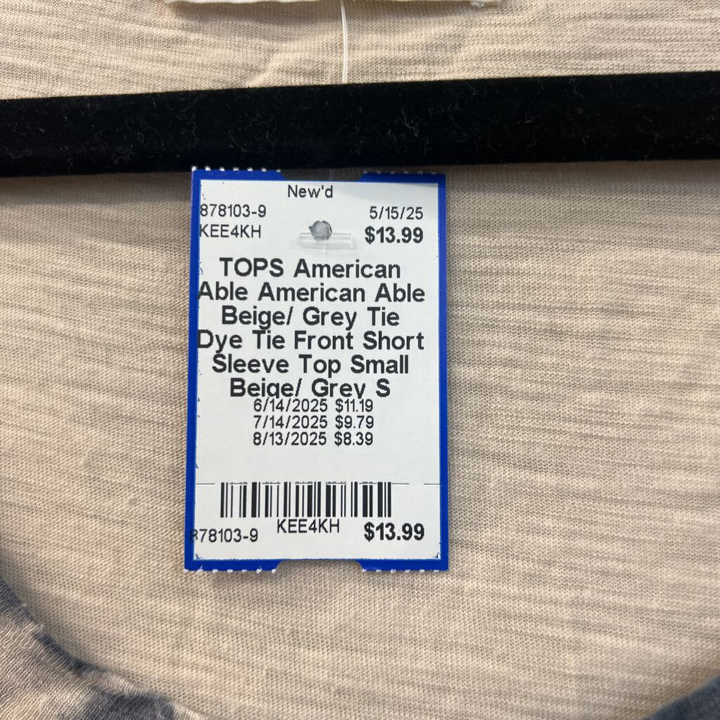 American Able Beige/ Grey Tie Dye Tie Front Short Sleeve Top Small
