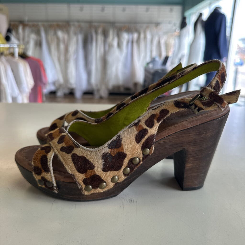 Boden Brown Leopard Print Slingback Wooden Heels 38