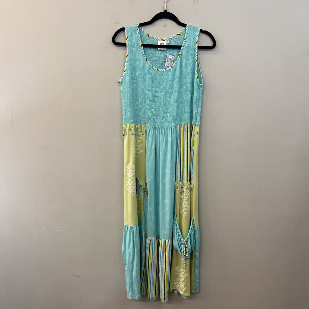 Usindo Blue/ Green Print Smocked Top Maxi Dress Small