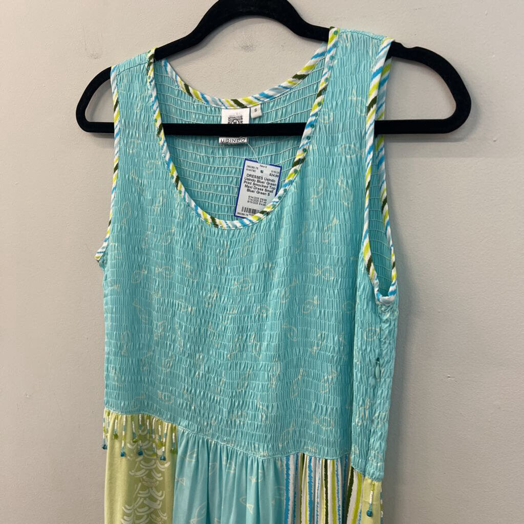Usindo Blue/ Green Print Smocked Top Maxi Dress Small