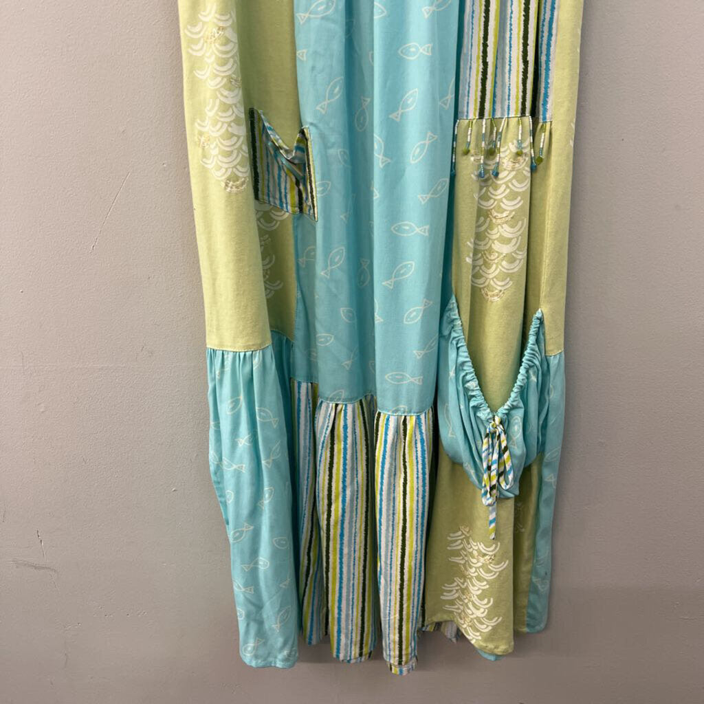 Usindo Blue/ Green Print Smocked Top Maxi Dress Small