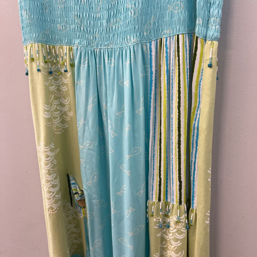 Usindo Blue/ Green Print Smocked Top Maxi Dress Small