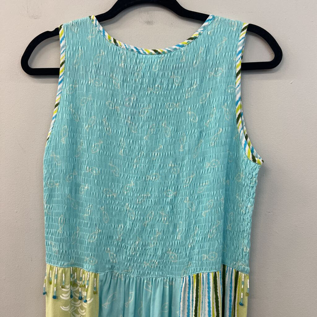 Usindo Blue/ Green Print Smocked Top Maxi Dress Small