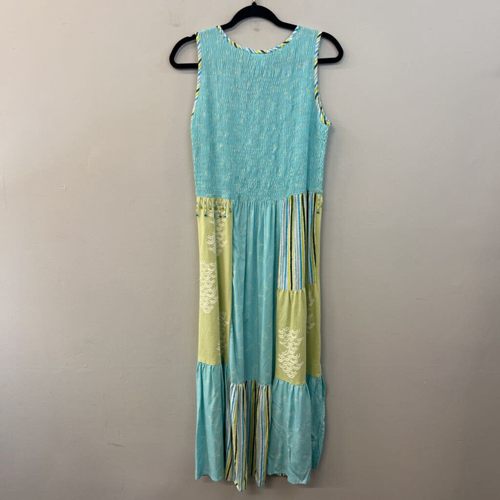 Usindo Blue/ Green Print Smocked Top Maxi Dress Small