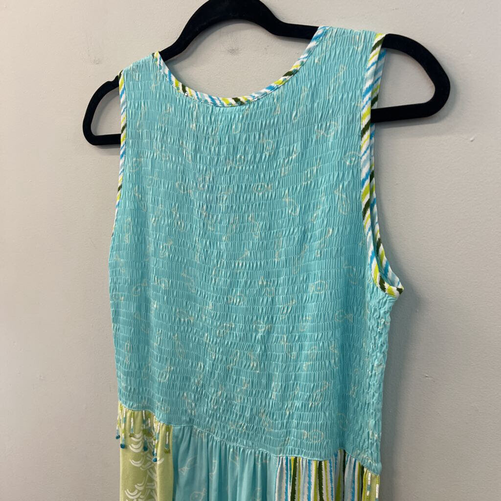 Usindo Blue/ Green Print Smocked Top Maxi Dress Small
