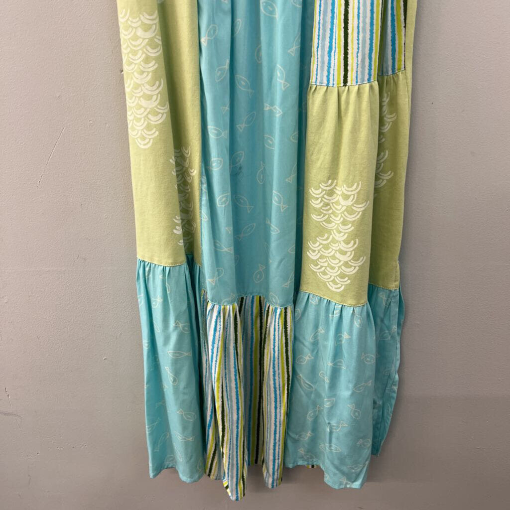 Usindo Blue/ Green Print Smocked Top Maxi Dress Small