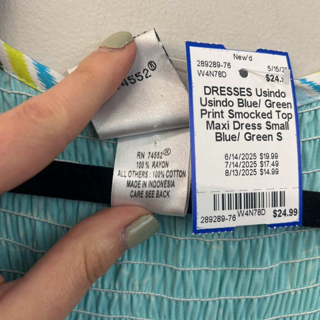Usindo Blue/ Green Print Smocked Top Maxi Dress Small