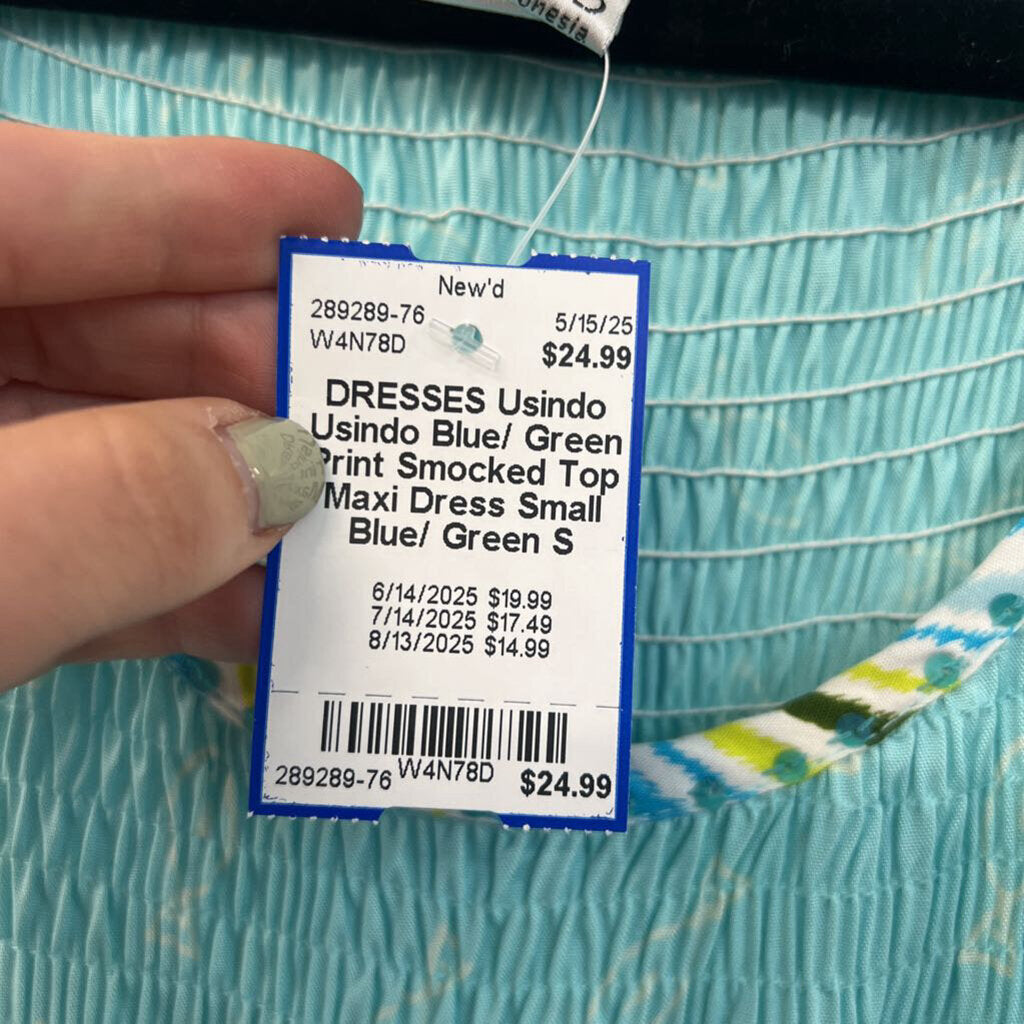Usindo Blue/ Green Print Smocked Top Maxi Dress Small