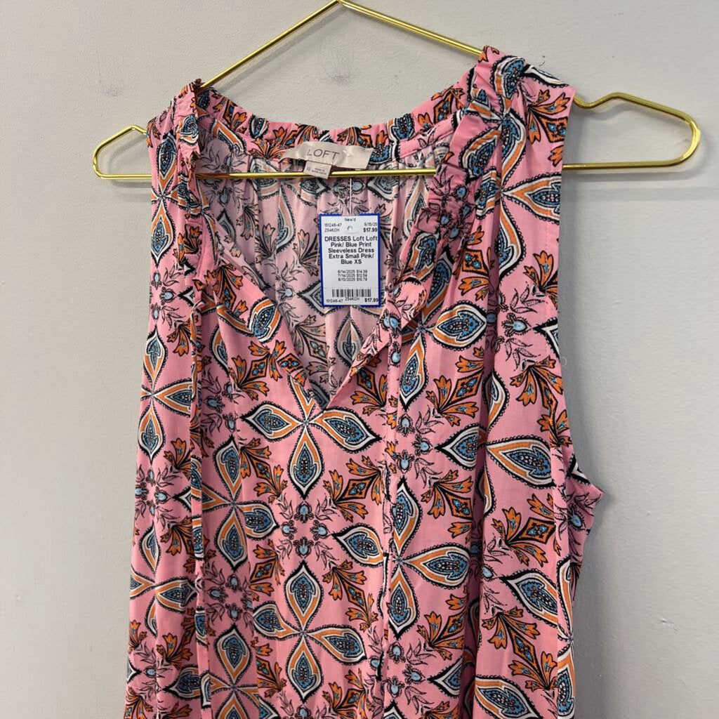 Loft Pink/ Blue Print Sleeveless Dress Extra Small