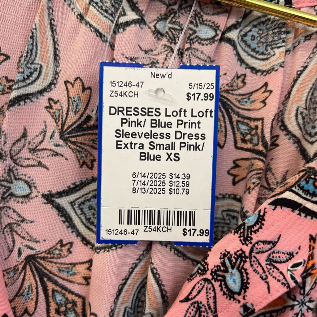 Loft Pink/ Blue Print Sleeveless Dress Extra Small