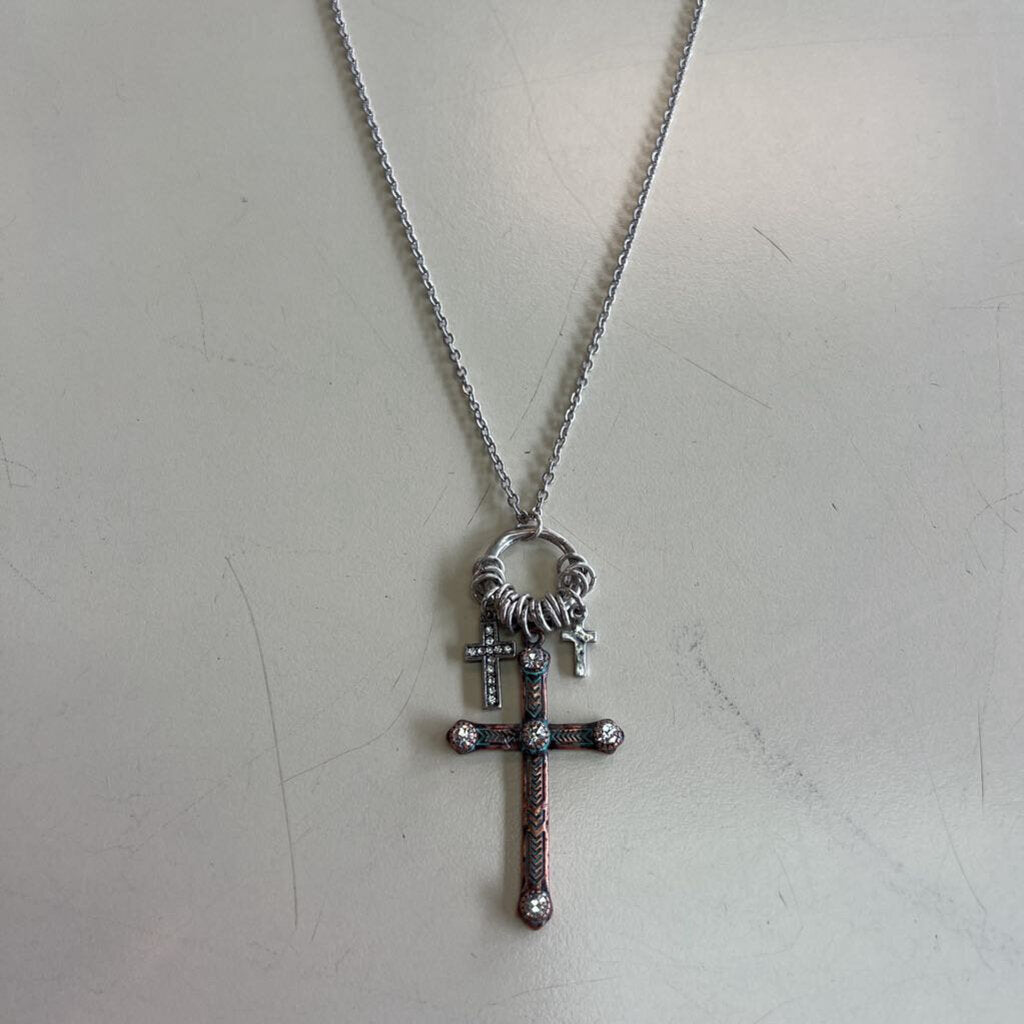 Silver Triple Cross Long Pendant Necklace
