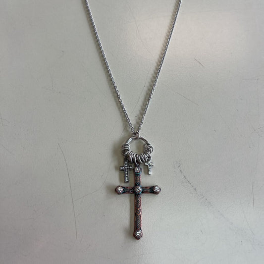 Silver Triple Cross Long Pendant Necklace