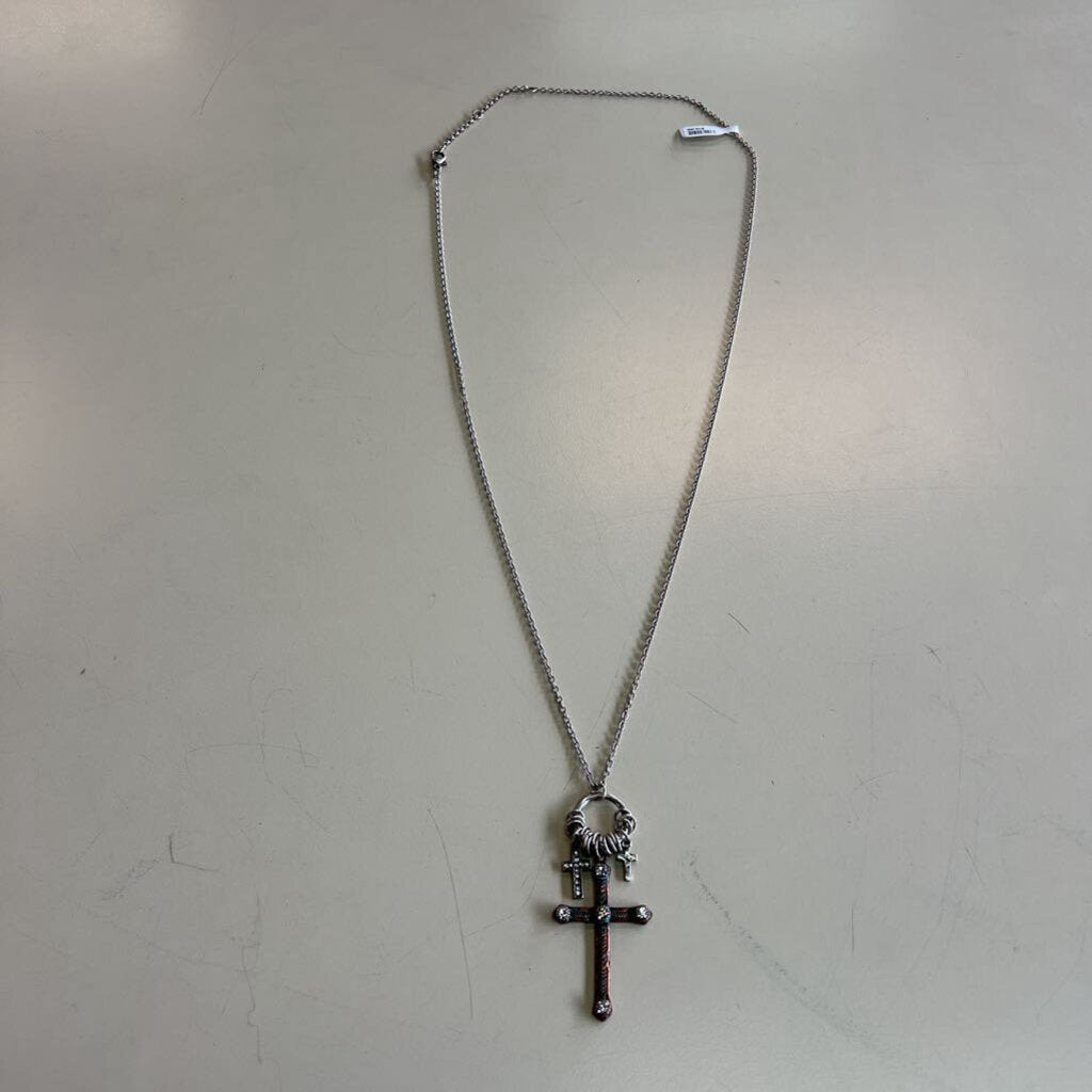 Silver Triple Cross Long Pendant Necklace