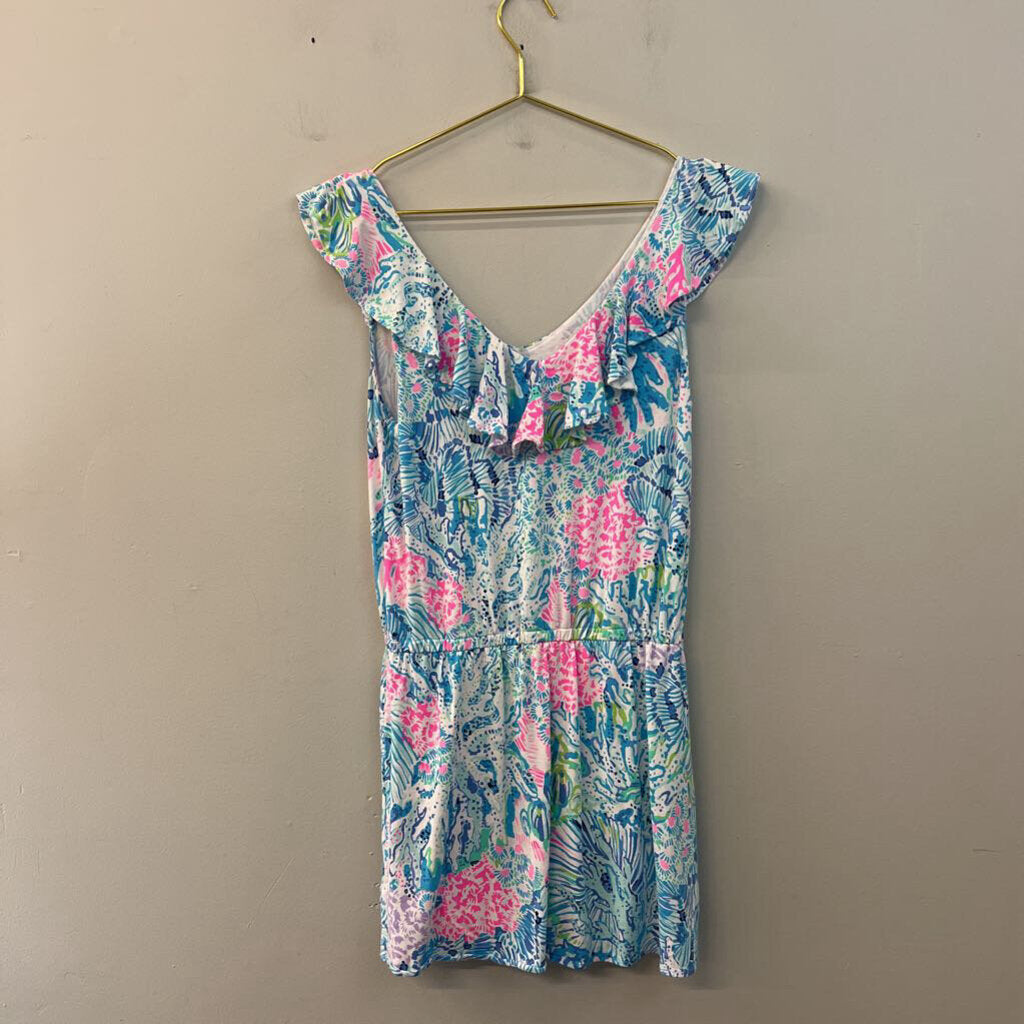 Lilly Pulitzer White/ Multi Print Ruffle Top Romper Dress Extra Small