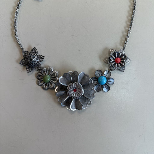Silver/ Multi Stone Flower Statement Necklace
