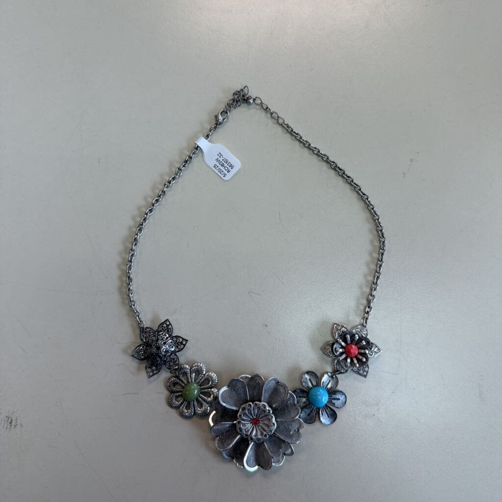 Silver/ Multi Stone Flower Statement Necklace