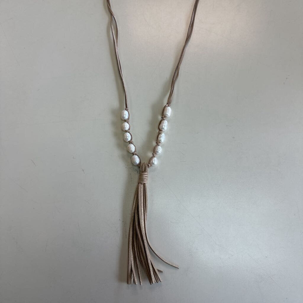 Gold Leather/ Freshwater Pearl Long Tassel Necklace