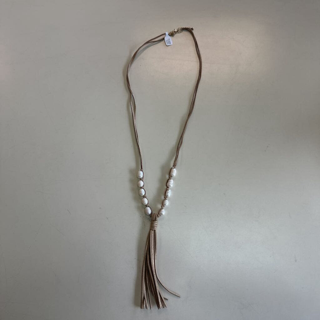 Gold Leather/ Freshwater Pearl Long Tassel Necklace