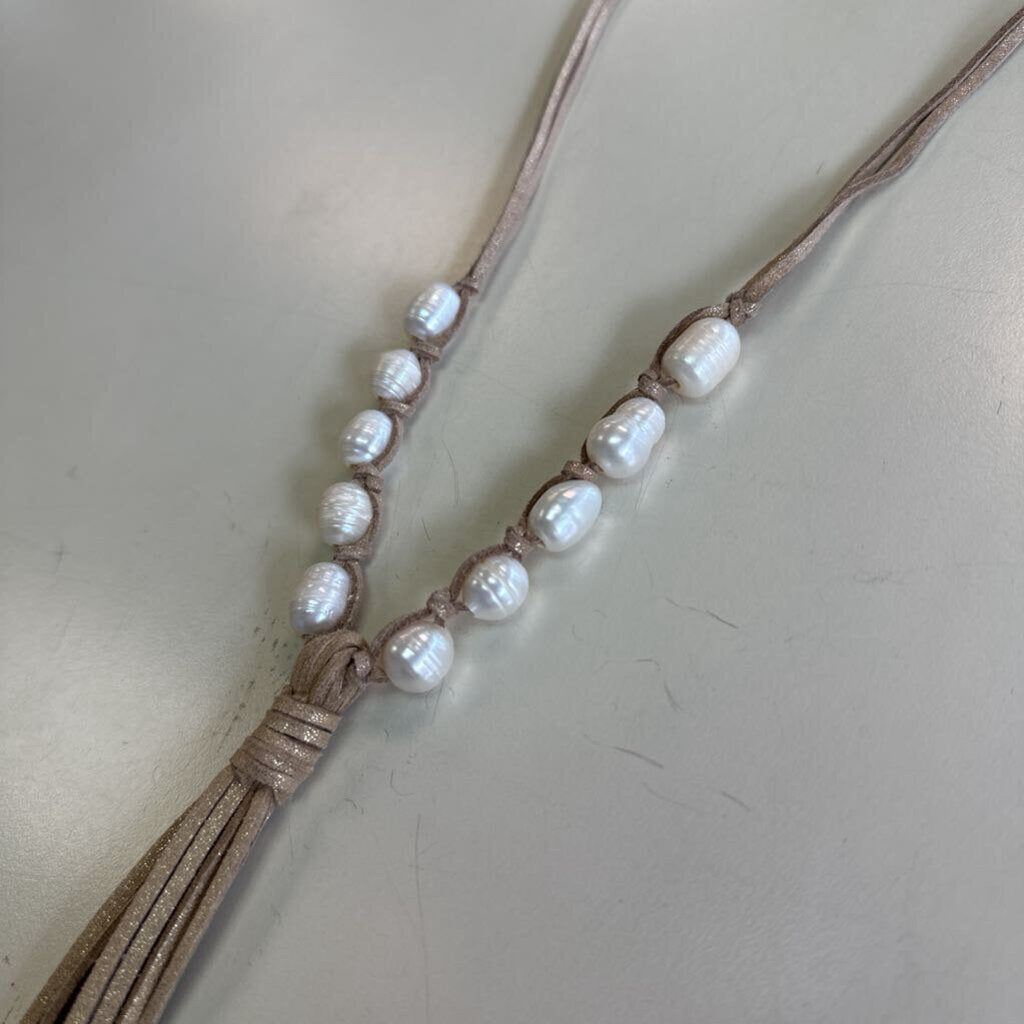 Gold Leather/ Freshwater Pearl Long Tassel Necklace