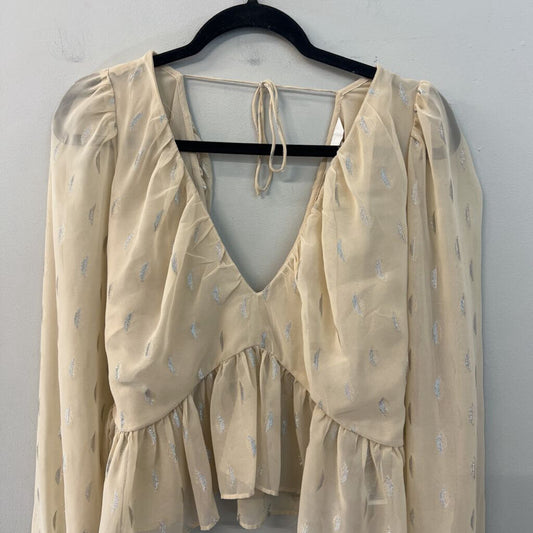 Beige/ Silver Leaf Print Long Puff Sleeve Crop Top Large